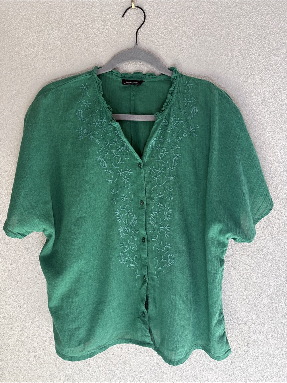 Monoprix, France, Green Embroidered Button Down Blouse - Medium